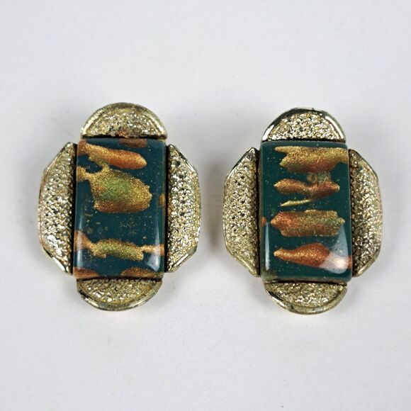 Vintage Coro Earings Clip On Confetti Green Gold - Picture 1 of 5
